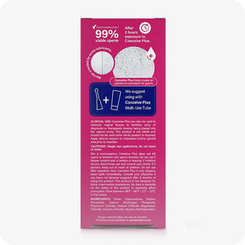 Conceive Plus Fertility Lubricant (8x4g Pre-filled Applicators) — product box of 8x4g pre-filled fertility lubricant applicators side panel featuring a clinical claim of 99% sperm viability, sperm microscopy visuals, combination use suggestion with multi-use tube, and detailed ingredient list with clinical usage and cautionary notes for safe application.