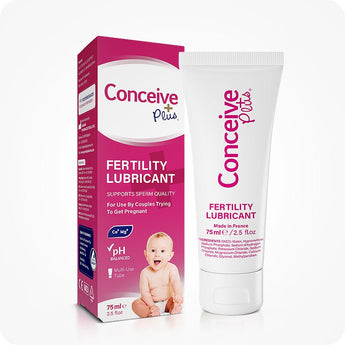 For Conceive Plus Fertility Lubricant Duo Bundle (75ml and 8 Applicators), image highlighting 75ml fertility lubricant white tube with bold pink branding placed beside its matching retail box, which features a baby illustration and product information on a pink and white background with pH and mineral content icons.