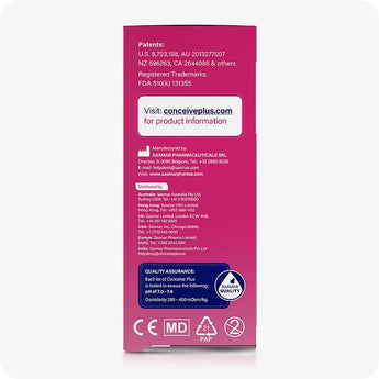 For Conceive Plus Fertility Lubricant Duo Bundle (75ml and 8 Applicators), side panel of 8x4g pre-filled fertility lubricant applicators box showing manufacturer and distributor details, official product website, global contact information, and SASMAR quality assurance label with pH and osmolarity values on a pink background.