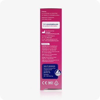 For Conceive Plus Fertility Lubricant Duo Bundle (75ml and 8 Applicators) side panel view of 75ml fertility lubricant box displaying manufacturer and distributor contact details, official website, quality assurance label with pH and osmolarity range, and global certifications on a pink background.