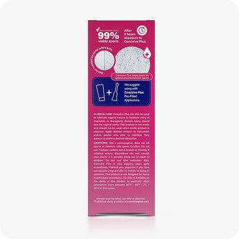 For Conceive Plus Fertility Lubricant Duo Bundle (75ml and 8 Applicators), back panel of 75ml fertility lubricant box featuring clinical claim of 99% viable sperm after 2 hours, suggested use with pre-filled applicators, microscopic sperm image, and detailed clinical usage instructions and safety cautions on a pink background.
