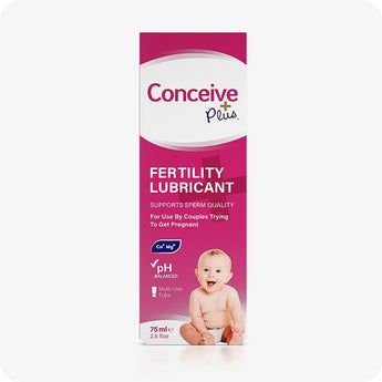 For Conceive Plus Fertility Lubricant Duo Bundle (75ml and 8 Applicators), front view of 75ml fertility lubricant box in pink and white color scheme, displaying product branding, baby photo, and key benefits like pH balance and mineral support for couples trying to conceive.