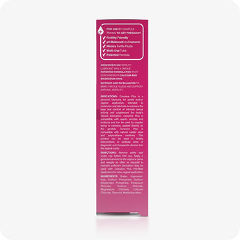 For Conceive Plus Fertility Lubricant Duo Bundle (75ml and 8 Applicators) side panel view of 75ml fertility lubricant box showing product features such as pH balance, patented formula, and fertility-friendly claims, along with detailed directions, indications, and full ingredients list in small printed text on a pink gradient background.