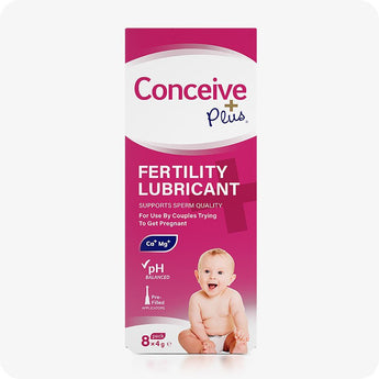For Conceive Plus Fertility Lubricant Duo Bundle (75ml and 8 Applicators) featuring a close-up front view of the 8x4g pre-filled fertility lubricant applicators box, with bright pink branding, calcium-magnesium icon, pH balanced claim, and a baby image at base, designed for couples trying to conceive.