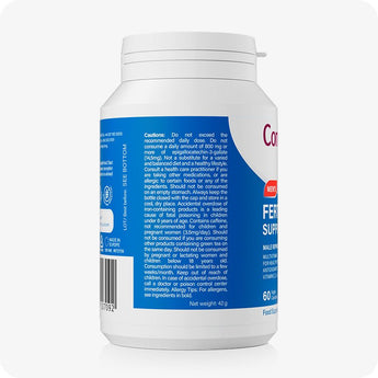 Conceive Plus Men's Fertility Support bottle side view showing detailed caution and usage instructions on a blue background, including dosage guidance and allergy warnings, with a barcode and manufacturing information at bottom for consumer reference.