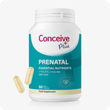 Conceive Plus Prenatal with DHA 60 vegan capsules bottle shown upright with teal and white label displaying "Essential Nutrients + Folate, Choline and DHA", accompanied by two light-golden capsules floating to left, against a white background.