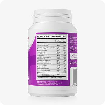 Conceive Plus Women's Fertility Support bottle focused on nutritional information label, listing daily values for essential vitamins and minerals like folic acid, zinc, and vitamin D, printed on a purple and white background for easy reading.